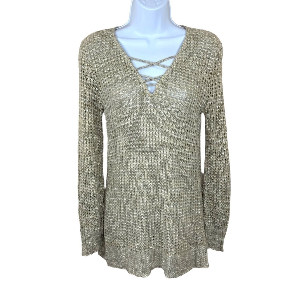 Medium 212 Collection Beige Open Knit Long Sleeve V Neck Sweater Stretch